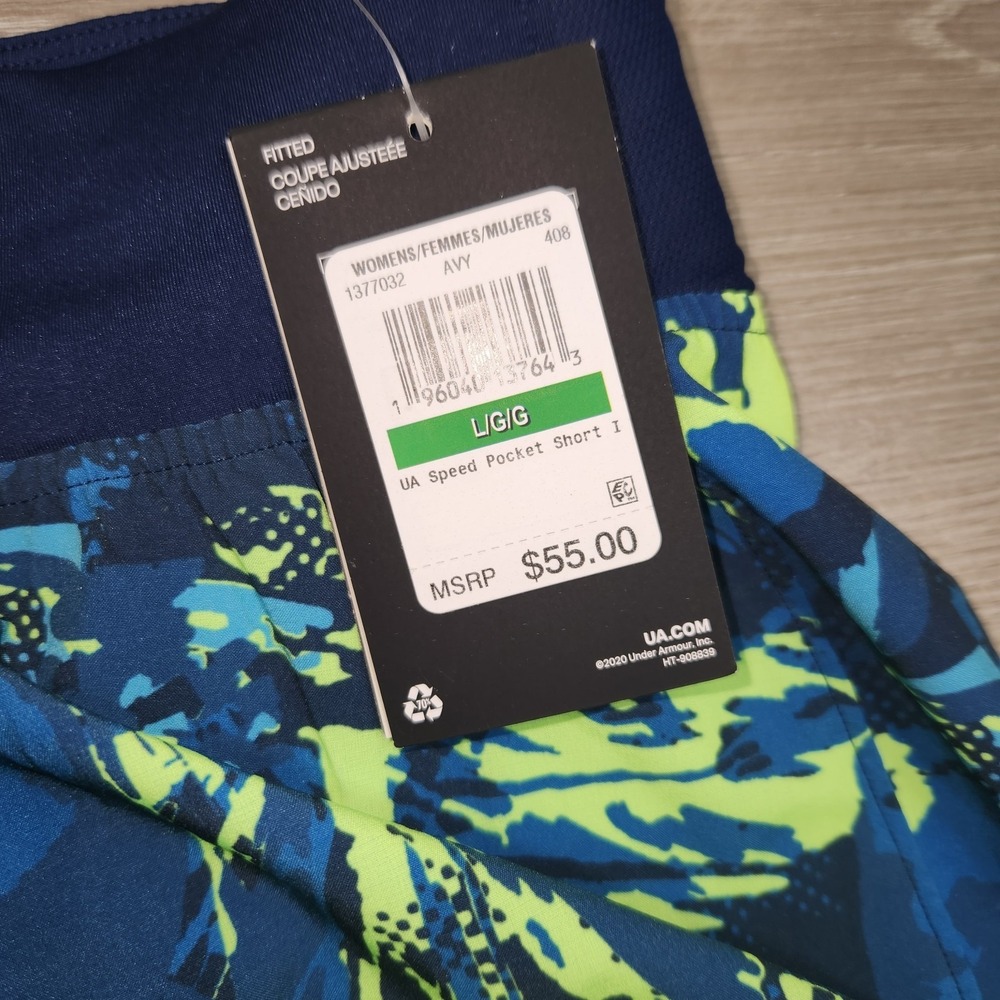 Under Armour Speed Pocket Running Shorts Fitted Lined Blue Green Women's L Nwt - Picture 2 of 12